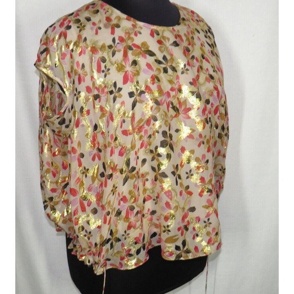 Diane Von Furstenberg Silk Blouse Cream Gold Pink Floral Drawstring, Size 12 - Picture 1 of 13